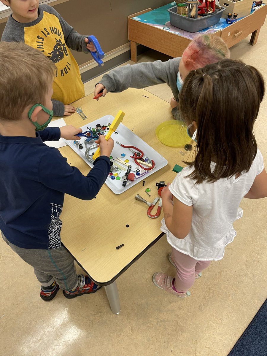 Kindergartens explore motion through provocation and play with marbles, magnets, dominoes and blocks #inquiry #playtolearn  #sd23learns