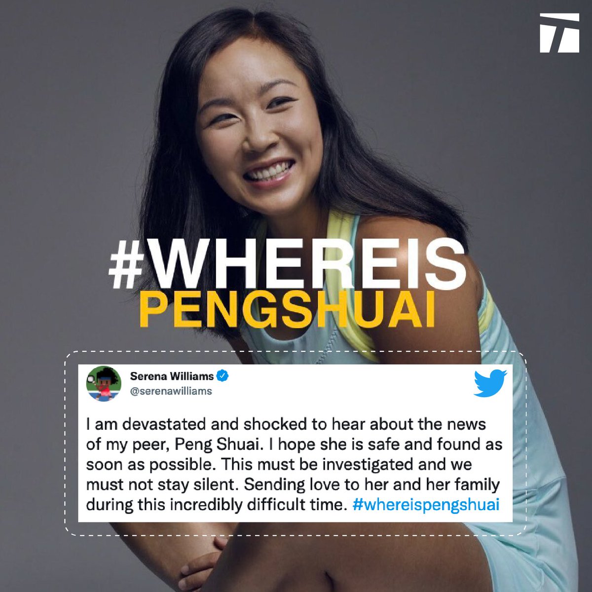 TennisChannel's tweet photo. We stand with the rest of the tennis community. 

@serenawilliams l #WhereisPengShuai https://t.co/JEgUFdbmhD
