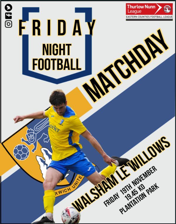 🅼🅰🆃🅲🅷🅳🅰🆈

🔸 7:45PM KO 
🔸  <a href="/Walsham_Warbler/">Walsham Le Willows Fc</a> 
🔸 Plantation Park 
🔸  <a href="/ThurlowNunnL/">TNL</a>
🔸  £8 Adult £5 cons, £1 kids Entry!

Get down to PP &amp; start your weekend right! 🍻 

#WeAreNorwichUnited #UTP💛💙
