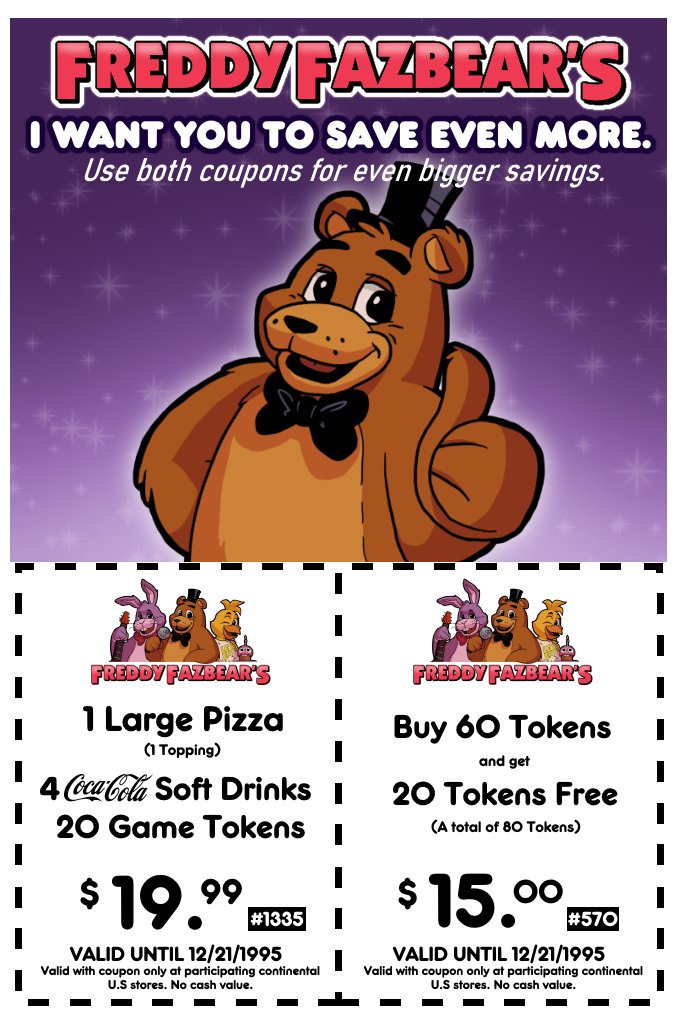 Fazbear1977's tweet photo. For Great Deals like these, Go to https://t.co/pfYEiSD0q3 for our Online Coupons! Used only at Participating Freddy's Locations!
©FazbearEntertainment1995 https://t.co/GE3VijPAO2