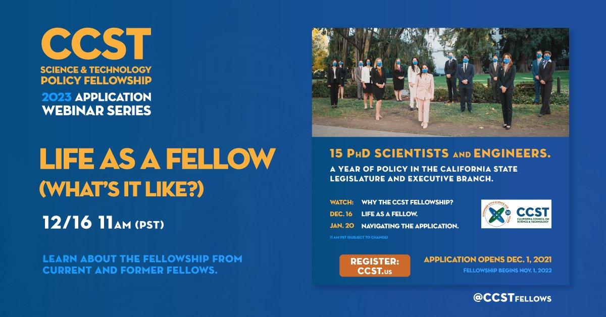 CCSTFellows's tweet photo. One of the most common questions we get from applicants is, “What’s it like to be a Fellow?”

In this webinar, you’ll hear directly from CCST Fellows &amp; Alums about the #scipol work they do and their day-to-day life in Sacramento.

12/16 11am PST

Register:
https://t.co/GfG2k26VhH https://t.co/STzfKIewWa