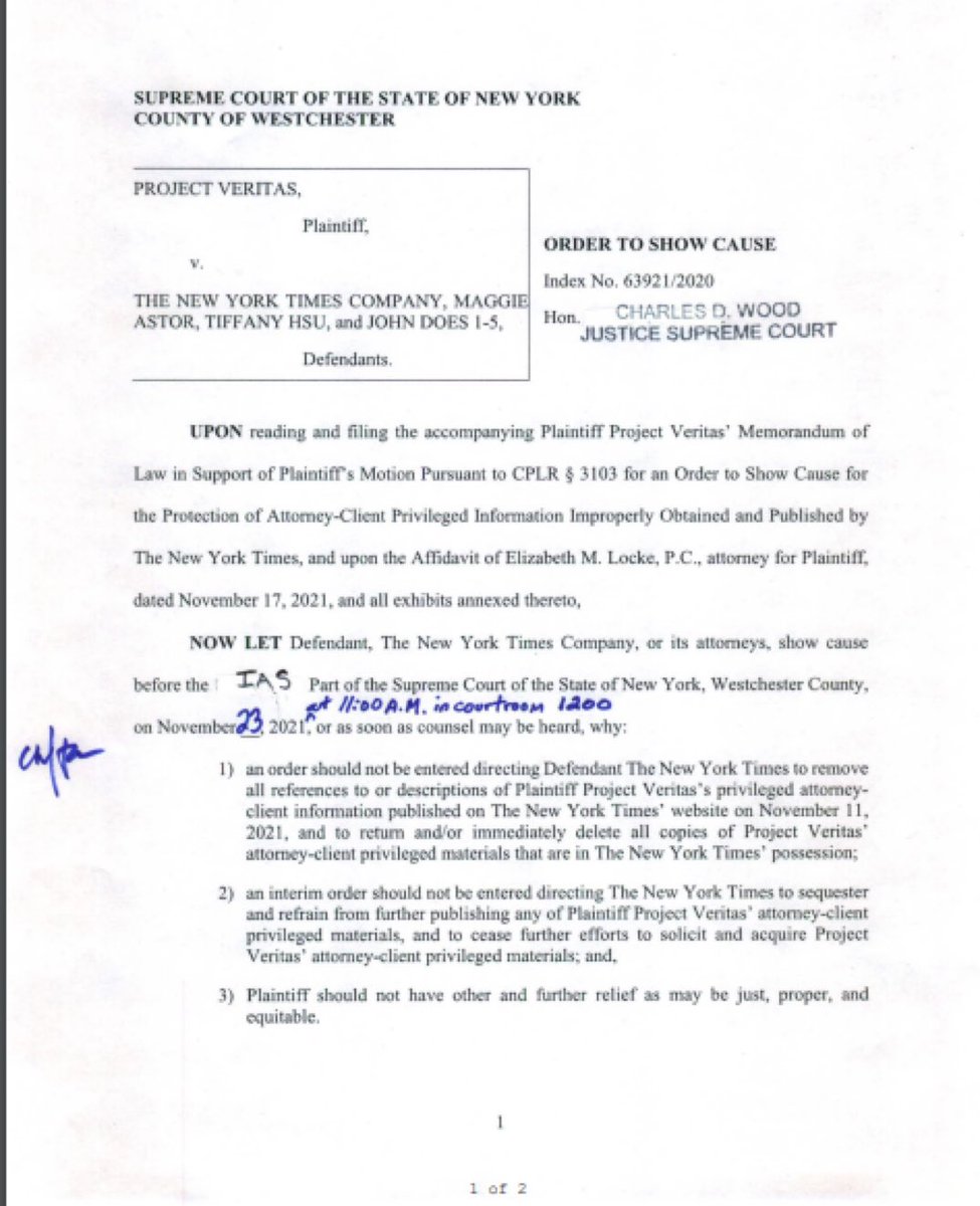 HarmeetKDhillon's tweet photo. !!! Judge in Project Veritas/NYT case orders @nytimes to defend its online publication of the privileged legal memos of our client, which occurred AFTER the FBI seized James O’Keefe’s phones and which contain extensive privileged communications with dozens of attorneys: https://t.co/6ZKdH2BsLv