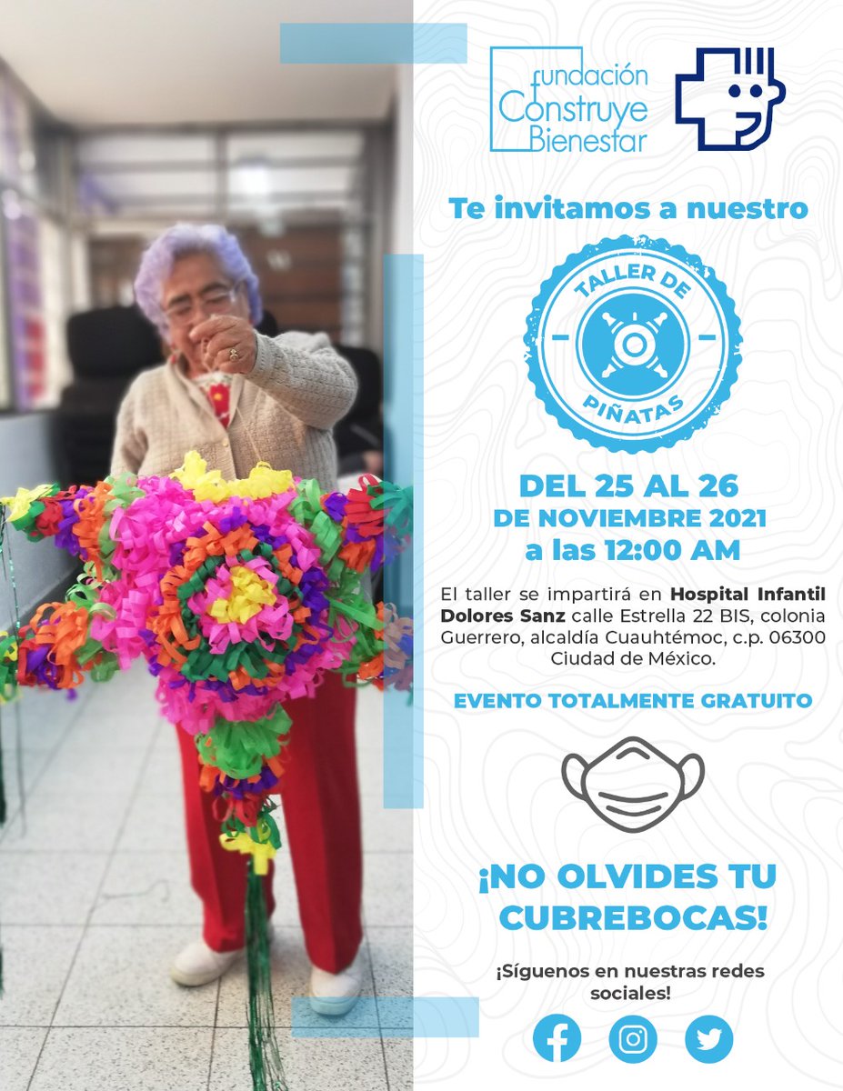 fundacioncb_'s tweet photo. Te invitamos a nuestro taller de piñatas navideñas que estaremos impartiendo el 25 y 26 de diciembre en el Hospital Infantil Dolores Sanz. ¡Acompáñanos y aprende los principios básicos para elaborar tu propia piñata! #Comunidad #YoConstruyoBienestar #piñatasnavideñas https://t.co/i0Rlnc7Hcv