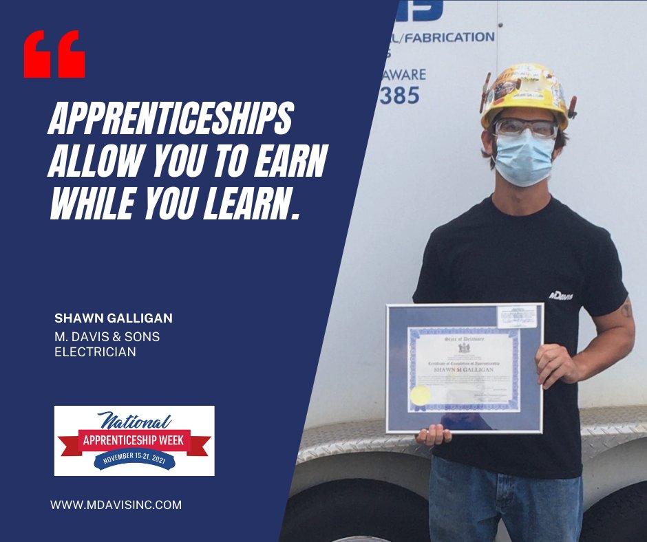 The ability to 'Earn While You Learn' is a valuable facet when considering education & career training. For electrician Shawn Galligan (pictured), he was working & earning, as well as participating in employee benefits, while he completed his apprenticeship!
#NAW2021
#mdavisproud