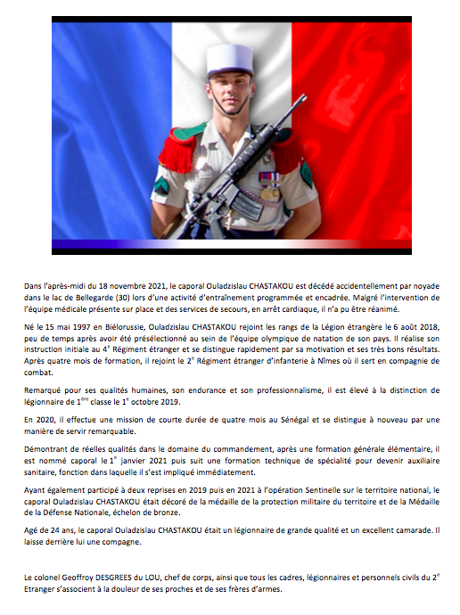 Tristesse à l’annonce de la mort du caporal Ouladzislau CHASTAKOU lors d’un exercice. Mes pensées sont tournées vers sa famille et ses camarades du #2REI.
