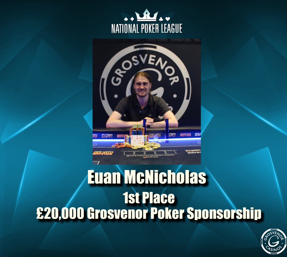 GrosvenorPoker's tweet photo. ♥️ ♠️ A HUGE congratulations to Euan McNicholas!! ♦️ ♣️ 

Euan has topped the National Poker League after a mammoth battle with Ben Teague. 

Well played Euan and welcome to Team Grosvenor! https://t.co/KjiA8j9ArC