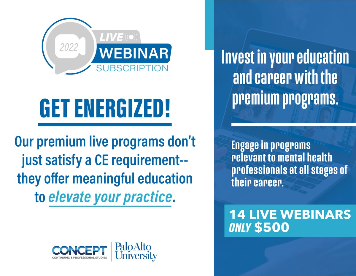 For over a decade, we've been equipping learners around the world with fundamentals for a new career in specialty areas of psychology.

We're happy to announce our 2022 Live Webinar Subscription. 

Sign up now to reserve your seat until 12/31/21!

ow.ly/UcZZ50GR9Y0