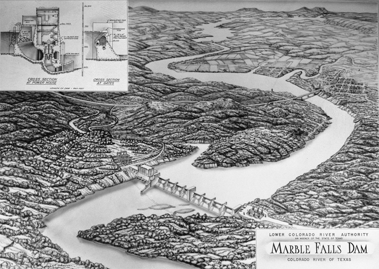 LCRA's tweet photo. A 1949 concept drawing of Starcke Dam. LCRA completed the Highland Lakes chain in 1951 with the construction of Starcke Dam which forms Lake Marble Falls. Originally named Marble Falls Dam, Starcke Dam was renamed in 1962 after Max Starcke, LCRA’s second general manager. #TBT https://t.co/lEVUdNKy02