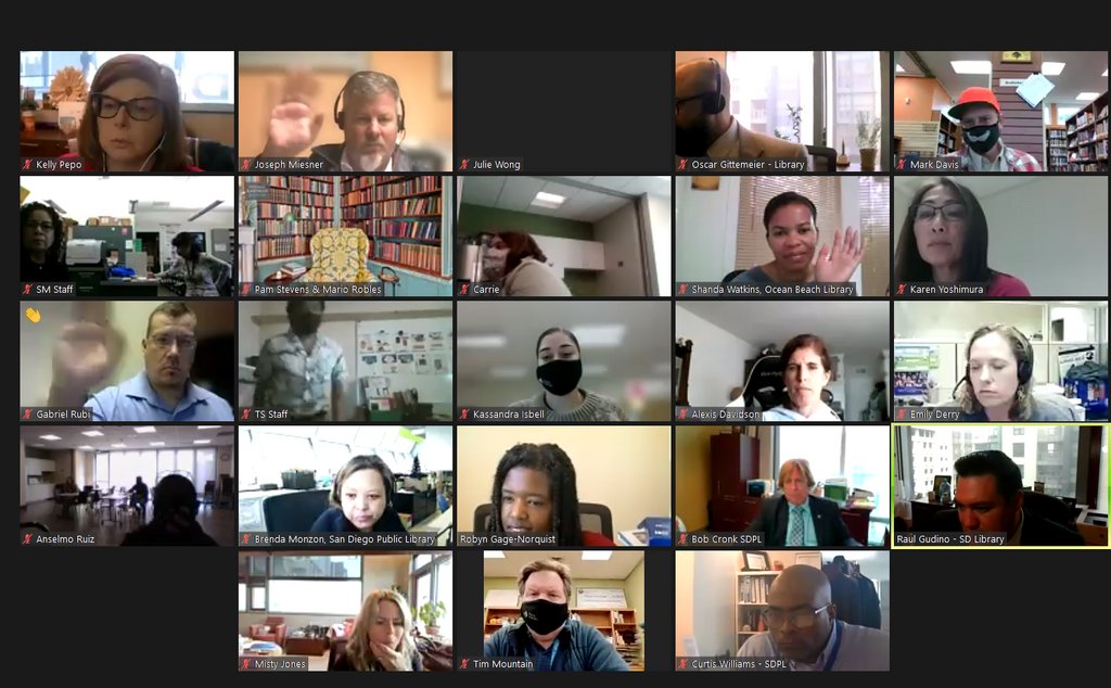 SDPublicLibrary's tweet image. 📣Calling all-hands to Zoom! San Diego Public Library is reaching out to our library staff—500+ and growing!—from all over the system. We just held our first Library Town Hall for staff, with more on the way every month! #mySDPL