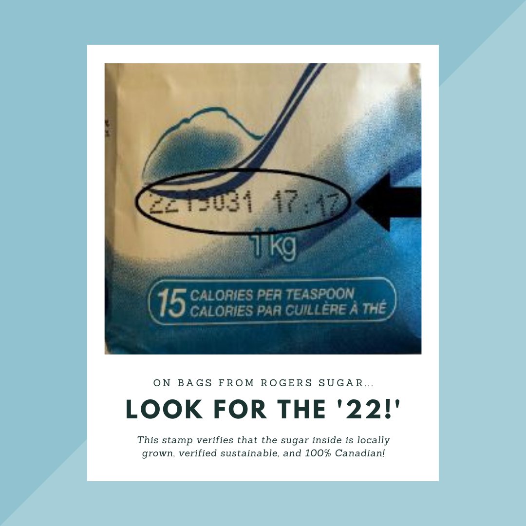 asbg's tweet photo. Do you want to buy a sugar product that's verified sustainable and 100% Canadian? Just look for the little black factory stamp beginning with '22' on any bag from Rogers Sugar! That guarantees that it's our farmers beet sugar which upholds those standards! #ABsugar22 https://t.co/wrhT7kYyHF