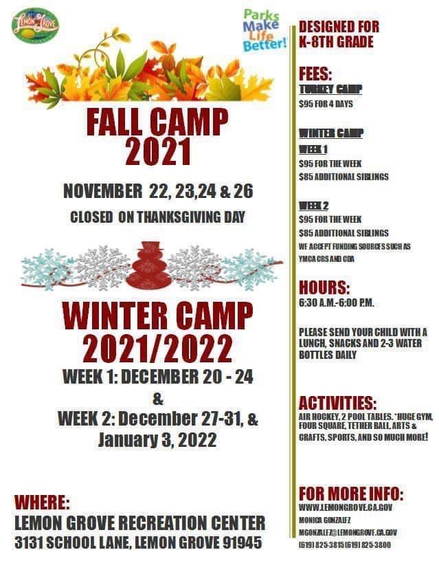 Turkey Camp - City of Lemon Grove - In need of childcare for the Thanksgiving Break? Check out this great local resource! edl.io/n1531514
