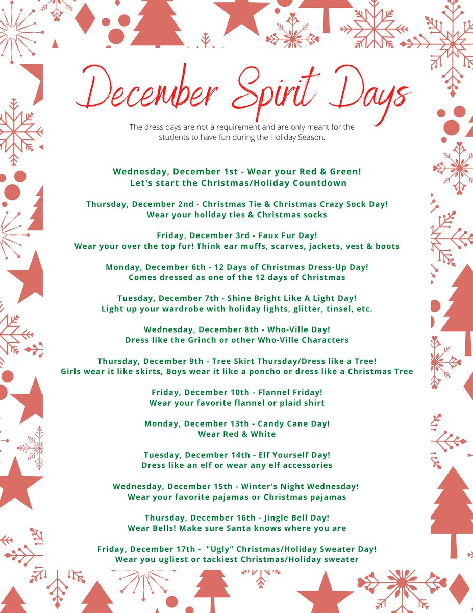 Don't forget school is out next week, Monday, Nov. 22nd - Friday, November 26th.   We will see you back on Monday, Nov. 29th!  After Thanksgiving Break, it will almost be December.   At NES we love to celebrate the Holidays with  Spirit Days.   Dress-up days are not a requirement