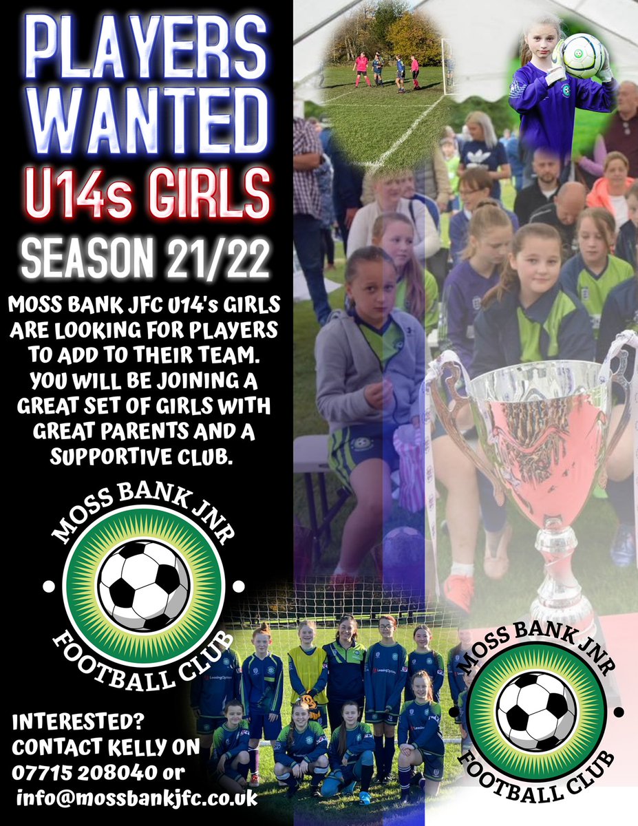 #MossBankJFC our U14s Girls are looking to add players to their team - Year 9 - you will be joining a great club and <a href="/LancashireFA/">Lancashire FA</a> Club of the Year 20 ⚽️ interested? Contact Kelly on 07715208040 info@mossbankjfc.co.uk <a href="/OfficialBBDFL/">Bolton, Bury & District Football League</a> <a href="/BOLTONFMSPORT/">Bolton FM Sport</a> <a href="/BLGirlsFootball/">Kelly</a>