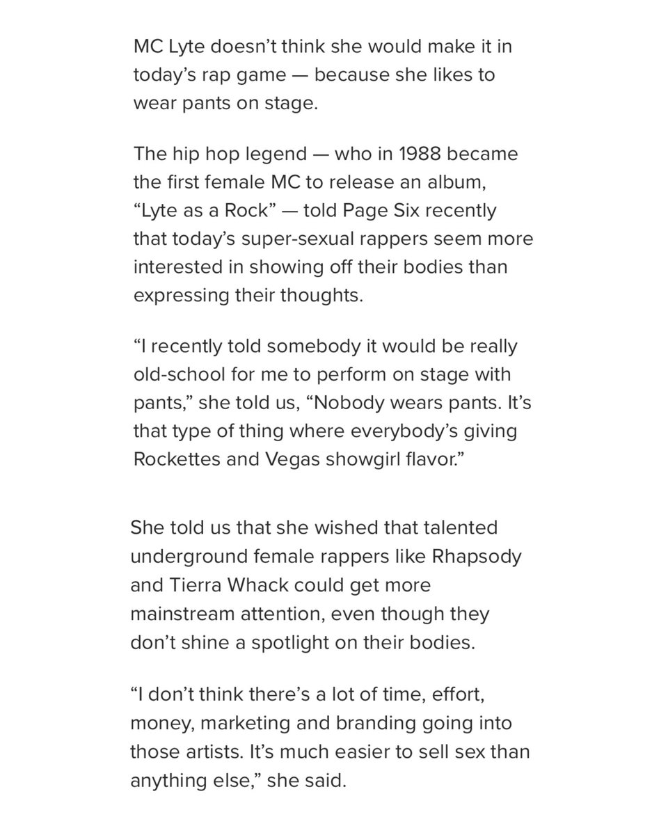 MC Lyte says she wouldn’t last in 2021 rap because she wears pants — today’s rappers are more Vegas Showgirl

“As much notoriety as they give other FemaleMCs, if they were to equal it out for artists like Rapsody & Tierra Whack would be pleasing to me”
🔗: pagesix.com/2021/11/18/mc-…