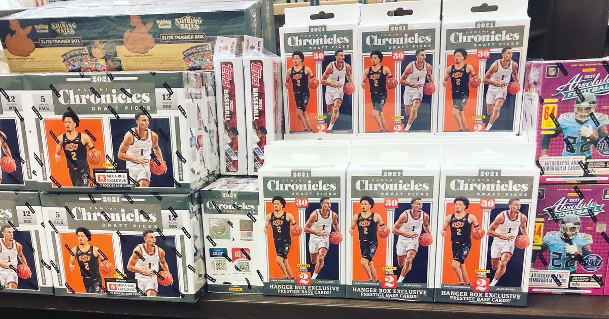 BNRoundRock's tweet photo. Trading Cards available tomorrow morning (Friday at open of business) 
Chronicles Basketball in healthy quantities and a new Absolute Football. 
Pokémon is lighter this week but some Eevee ETBs are here. 
The only items not pictured are MTGs new line
As always, limits apply. https://t.co/LGqLDsUctZ