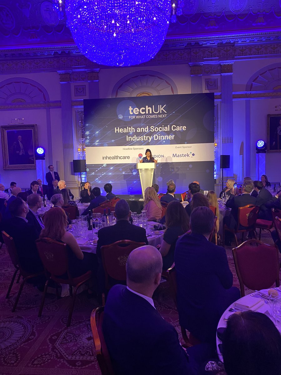 techUK's tweet photo. We’re delighted to have @chat2sonia CIO at @NHSX deliver the keynote speech at the #healthtechUK dinner. Sonia, highlights the massive part the tech industry has played in the shift to hybrid/virtual models across healthcare over the last two years. https://t.co/NOuRmecwXB
