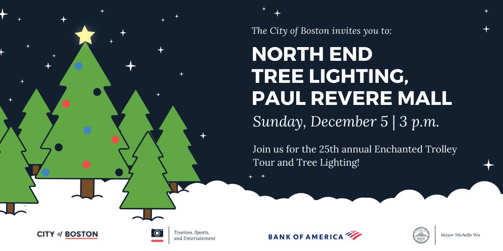 NorthEndONS's tweet image. For the 25th year, the Mayor's Enchanted Trolley Tour will continue the festive tradition of lighting holiday trees while bringing holiday spirit to children across Boston. Join us at the Paul Revere Mall for our North End stop on December 5th at 3 p.m.!