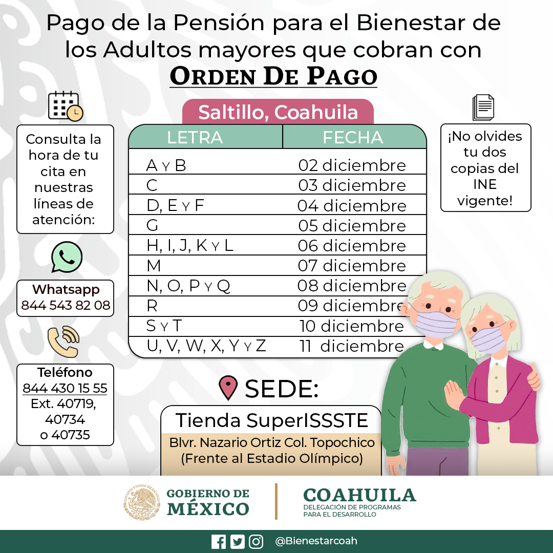 Calendario de pago de la Pensión para el #Bienestar de los Adultos Mayores y Personas con Discapacidad en #Saltillo.

Consulta la hora de tu cita enviando tu nombre completo al Whatsapp 844 543 82 08