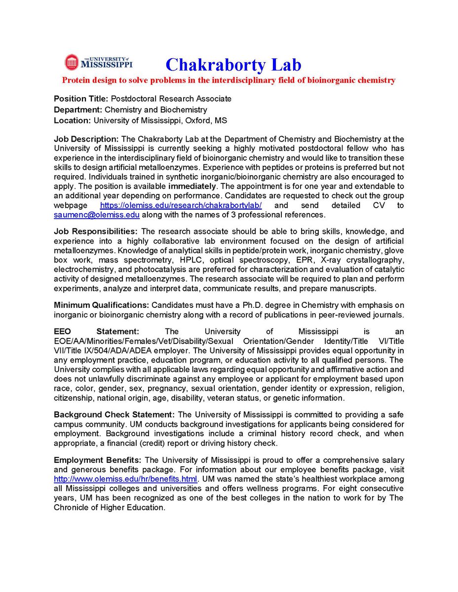 We are looking for a postdoctoral scholar to strengthen the artificial metalloenzyme design (bioinorganic) work in my lab. Please share with your colleagues about this opportunity. Here is the job ad!