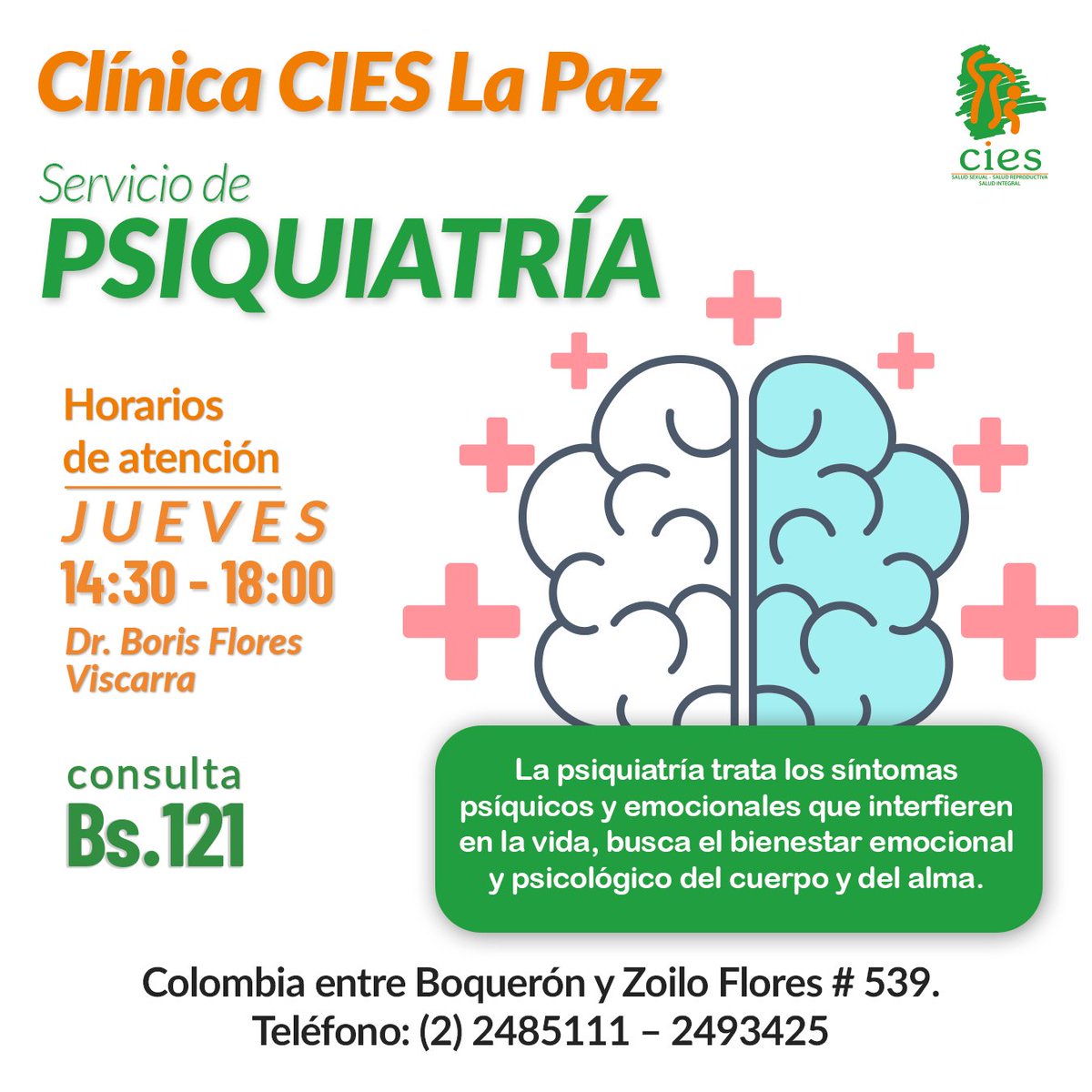 𝐒𝐞𝐫𝐯𝐢𝐜𝐢𝐨 𝐝𝐞 𝐏𝐬𝐢𝐪𝐮𝐢𝐚𝐭𝐫𝐢́𝐚
Clínica CIES La Paz ya cuenta con su servicio con el Dr. Boris Flores. Colombia entre Boquerón y Zoilo Flores # 539. Teléfono: (2) 2485111 – 2493425
Linea Gratuita: 800 11 2437 Whatsapp: 78981995
#conciestodoesmásfácil #cieslapaz