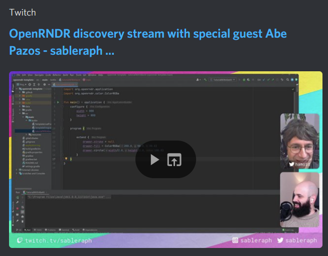 OPENRNDR is modern creative coding framework in Kotlin, made by <a href="/voorbeeld/">Edwin Jakobs</a>. If you missed my discovery stream with @hamoid you can watch the VOD at the link below. Thanks Abe for being such a great teacher 🤗

👁 twitch.tv/videos/1209067…

get <a href="/openrndr/">OPENRNDR</a> ➡ openrndr.org