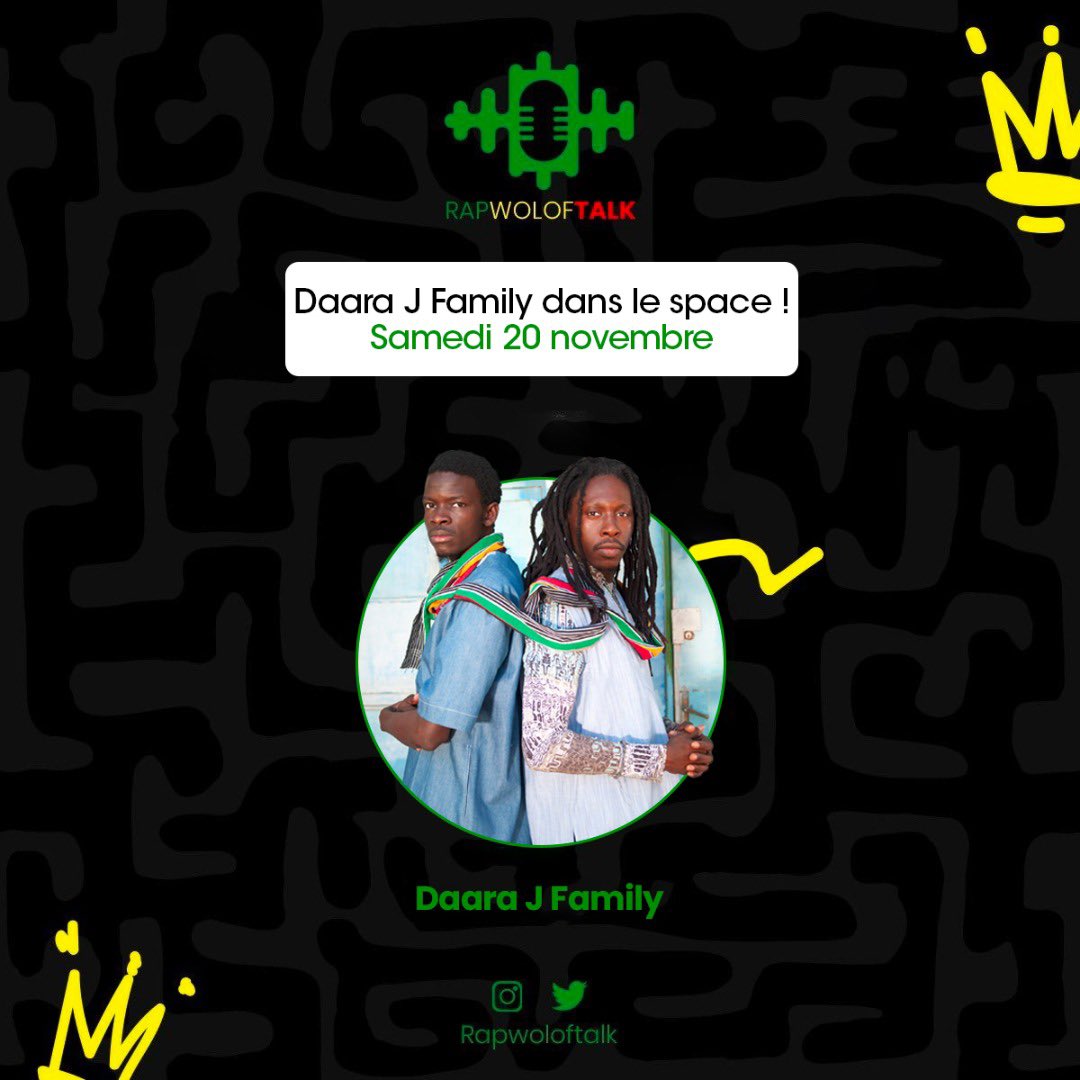 Mesdames et messieurs, <a href="/daarajfamily/">Daaraj Family</a> dans le Space demain à 20:30. Bu leen ko tardrer 😉
#Rapwoloftalk 🎙