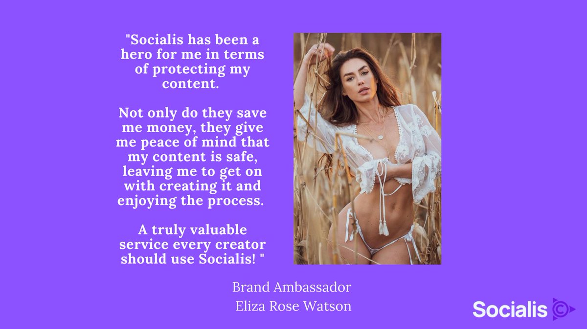 socialislegal's tweet photo. Socialis has been a hero for me in terms of protecting my content.
A truly valuable service every creator should use Socialis!
@elizarosewatson
#proud #brandambassador #contentcreator #theworldagainstpiracy #elizarosewatson #Socialis #brandprotection https://t.co/Ho4zFJDtTY