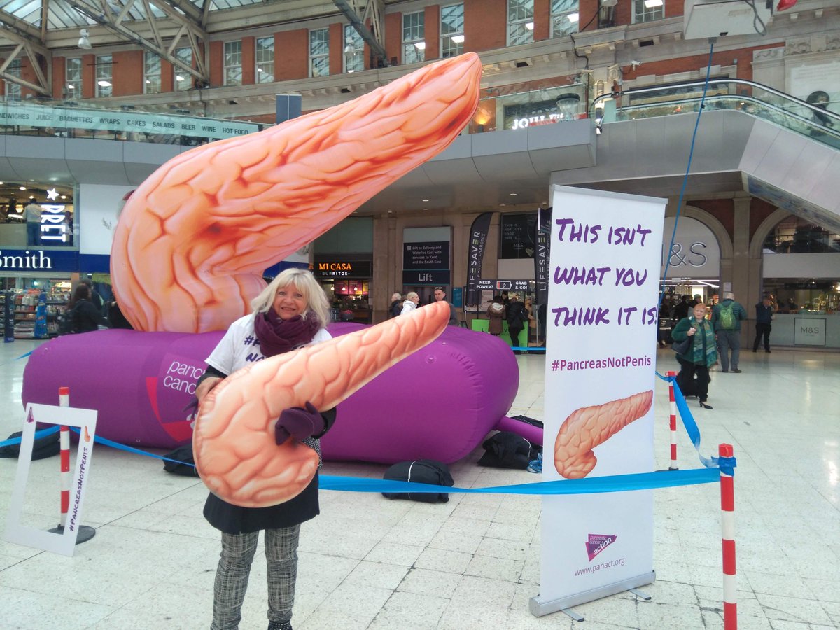 Here i am standing on Waterloo Station in November 2019 holding a blow up pancreas courtesy of @OfficialPCA #WorldPancreaticCancerDay