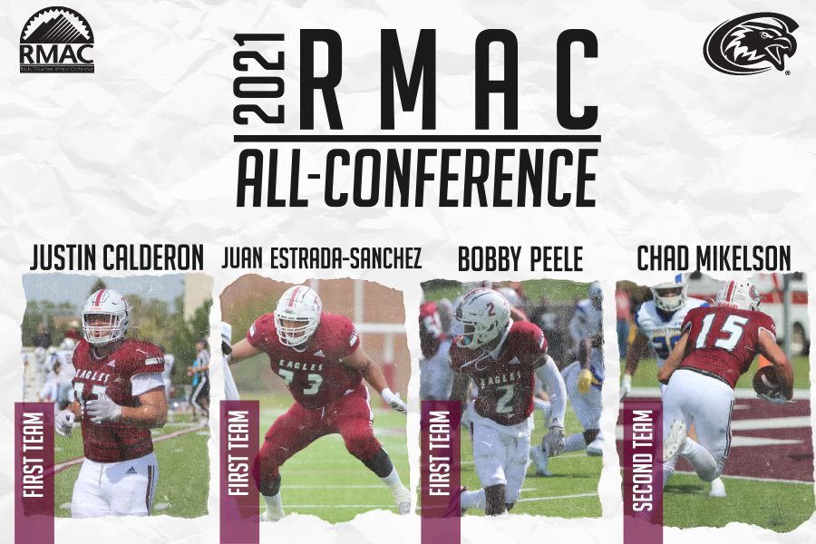 🚨🦅RMAC ALL-CONFERENCE🦅🚨
Congratulations to Bobby Peele, Juan Estrada-Sanchez, Justin Calderon, and Chad Mikelson on earning All-Conference Honors‼️
#RollEags🦅 #ProtectTheRock🏔