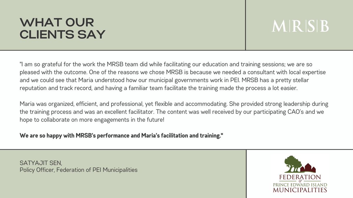 mrsb_consulting's tweet photo. #WhatOurClientsSay Thank you @FPEIM!

Local expertise, strong leadership, and excellent facilitation. Great job, @sandermarson! https://t.co/ZuvMS7xLsl