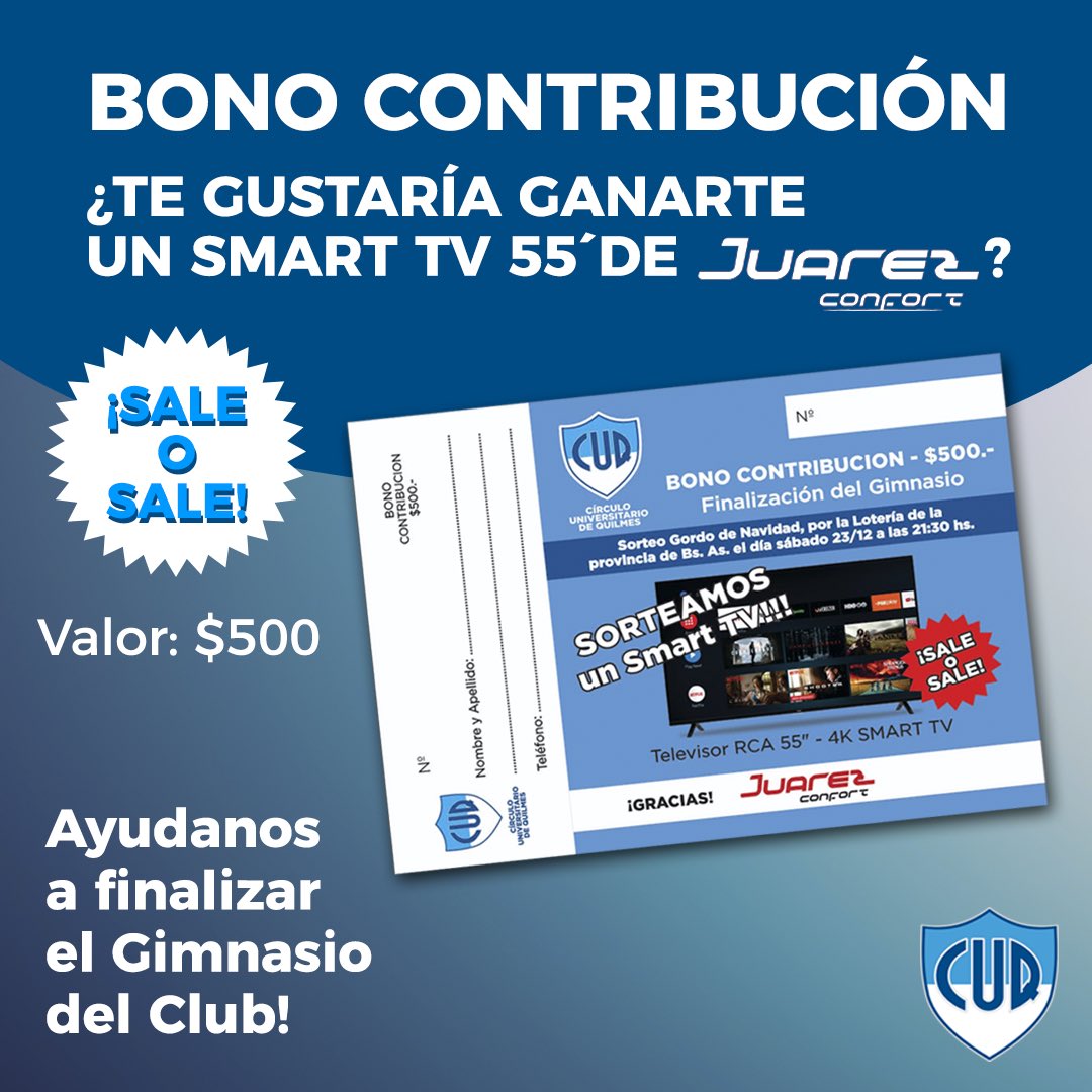 Ayúdanos a terminar el Gimnasio del Club!😀 Participa comprando un BONO CONTRIBUCIÓN y podrás ganarte un Smart TV 55’ de @juarezconfort ‼️
Pediselo al Manager de tu categoría o en las secretarías del club! 
👉🏻Valor $500
¡SALE O SALE! 

#cuqoficial #quilmes #clubderugby