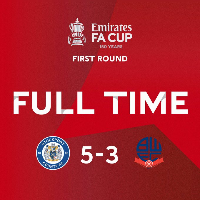 BoltonFClub's tweet photo. It's all over at Edgeley Park. Wanderers are out of the 
@EmiratesFACup

🔵5-3 🟡[FT] #BWFC 🐘🏰 https://t.co/zjZHXqpix7