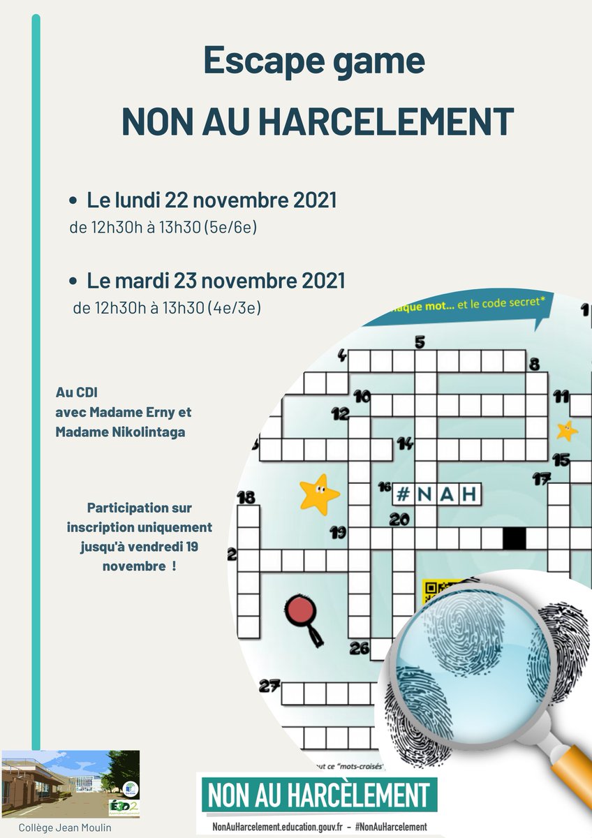 clgJeanMoulin91's tweet photo. ❌#NonAuHarcelement
2⃣2⃣et 2⃣3⃣ novembre #espacegame au CDI
@Ville_Verrieres @acversailles @AnnickPastwa @imanne_nah @Jp_Flx https://t.co/pA79dScK7m