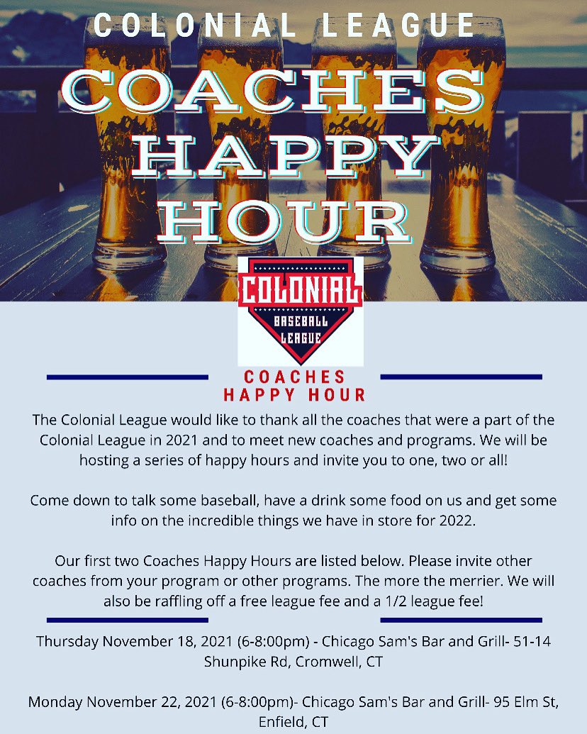 ColonialLeag's tweet image. Reminder! Tonight calling all baseball coaches…
Chicago Sam’s- Cromwell
6-8pm
Food, drinks and baseball
⚾️🍻🍔
