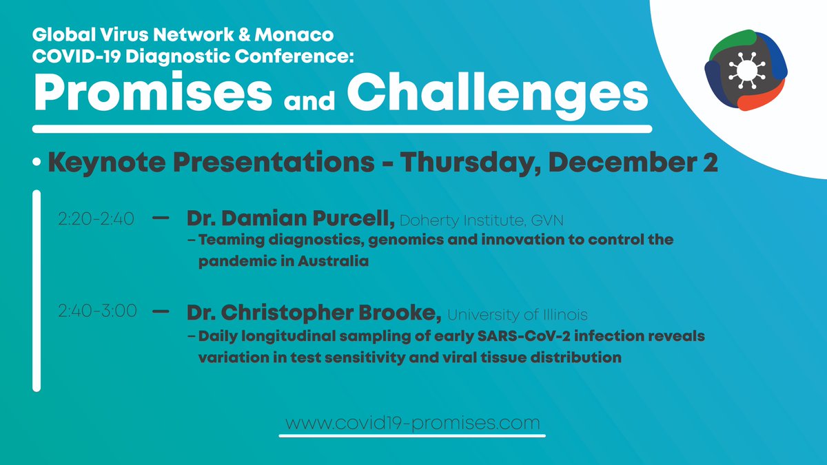 Dr. Damian Purcell of <a href="/TheDohertyInst/">Doherty Institute</a> and Dr. Christopher Brooke from <a href="/MCB_Illinois/">U of I School of Molecular and Cellular Biology</a> will give Keynote Presentations on Day 1 of the GVN-Monaco #COVID19 Diagnostic Conference: covid19-promises.com/en/page/welcom… <a href="/MerieuxFdn/">Fondation Mérieux</a> <a href="/FPA2/">FPA2</a> <a href="/dfjp/">Damian Purcell</a>