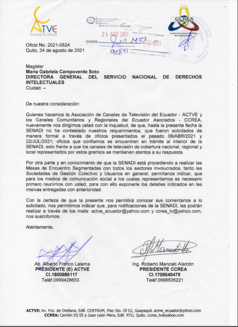 ACTVE_Ecuador's tweet photo. @CBaumann54 @FUNDAMEDIOS @LassoGuillermo Estimado @CBaumann54, @LassoGuillermo los medios pedimos transparencia a las Sociedades de gestión colectiva y sobre todo al @SENADI_Ecuador... https://t.co/JEhtViPpcN
