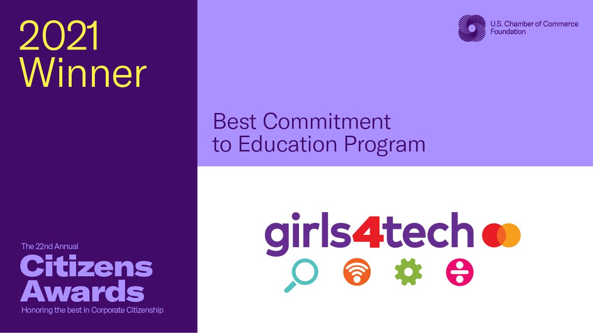 USCCFoundation's tweet image. This #Citizens2021 award goes to @Mastercard! With the world’s largest #STEM program for girls, their work has inspired 1.6 million girls to become the tech leaders of tomorrow. #BusinessSolves
