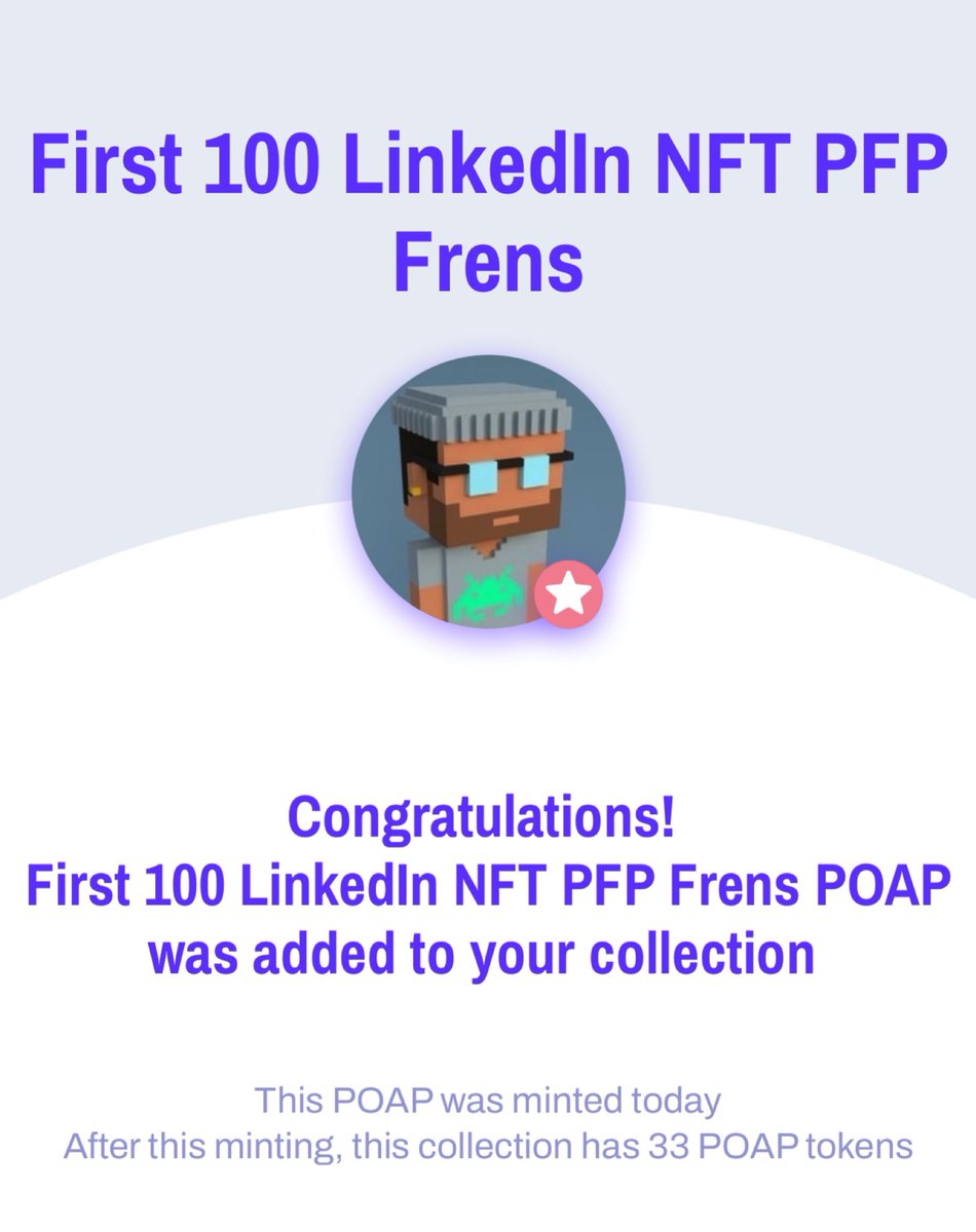 I’ve been adding everyone with an NFT PFP as a connection on LinkedIn and just discovered a new fren!! Thanks for the POAP, Michael! <a href="/GinzaNFT/">ginzanft.eth 🧠🎨🚀</a> - If anyone on LinkedIn would like to join the NFT PFP Frens group, send him a message!