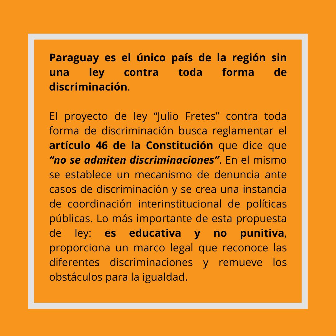 RCTFD's tweet photo. Paraguay es el único país de la región sin una ley c/ toda forma de discriminación. La muerte de Gabi es resultado de toda una estructura que violenta y discrimina. Exigimos #JusticiaParaGabi y la aprobación de la Ley contra toda Forma de Discriminación
#NoDiscriminesPy https://t.co/rZngnbZTJO