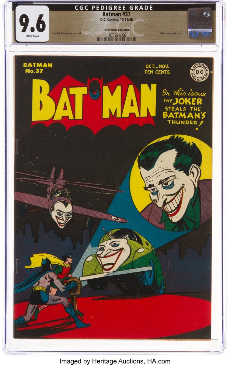 HeritageAuction's tweet photo. #HERITAGELIVE: There’s the Jokermobile. The Jokerplane. The Joker-Signal. And the #Joker himself on this breathtaking, highest-graded copy of #Batman No. 37. One of the many best-ever Bat-books in #ThePromiseCollection just sold for $87,000.
https://t.co/1mMggLzamG https://t.co/hzJ4IaM1xB