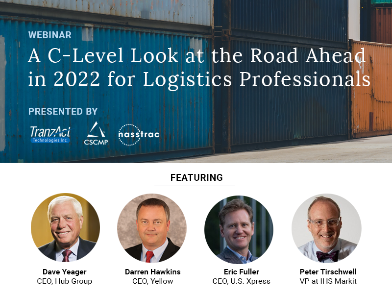 [WEBINAR] Hear directly from several logistics executives about what’s ahead in 2022, including Dave Yeager, CEO of Hub Group, Darren Hawkins, CEO of Yellow, Eric Fuller, CEO of U.S. Xpress, and Peter Tirschwell, VP of IHS Markit. REGISTER HERE: us02web.zoom.us/webinar/regist…
