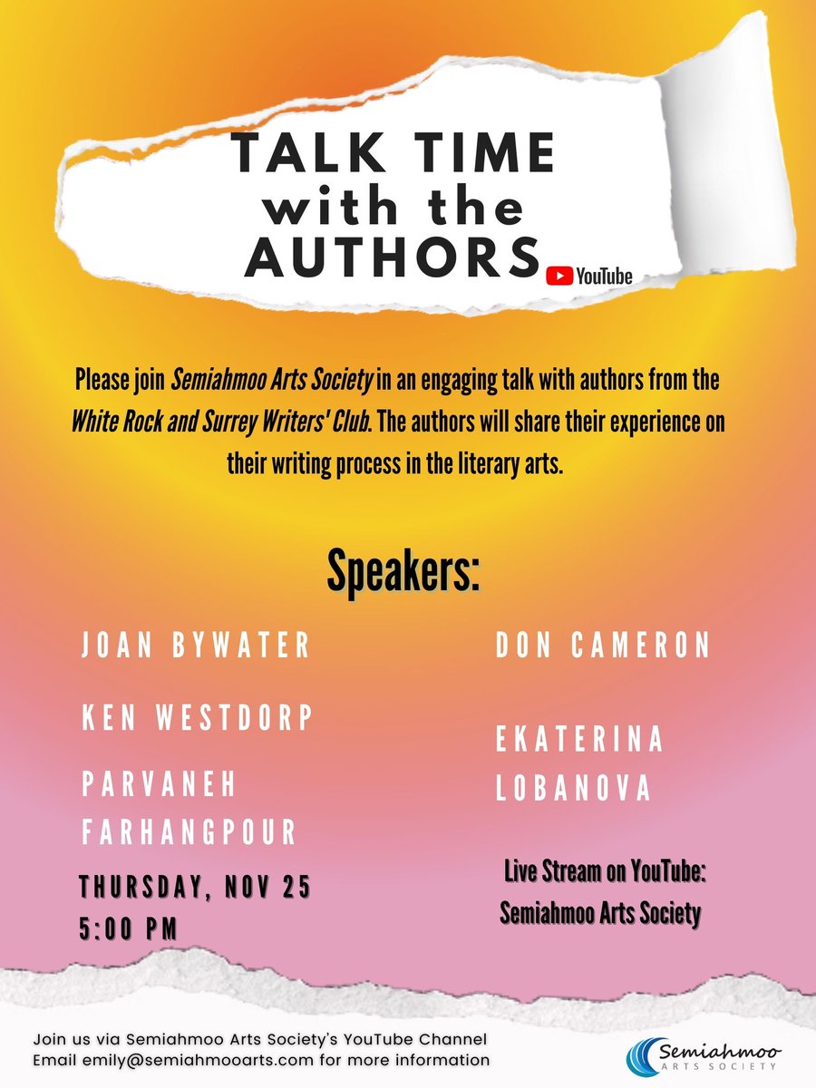 Thursday Nov 25 @ 5pm 
Join us next week in a virtual talk with authors from the White Rock and Surrey Writers' Club. Link to the YouTube youtu.be/ZlZjrMFoW4U 
#virtualevent #AuthorLife #onlinetalk #whiterrockBC