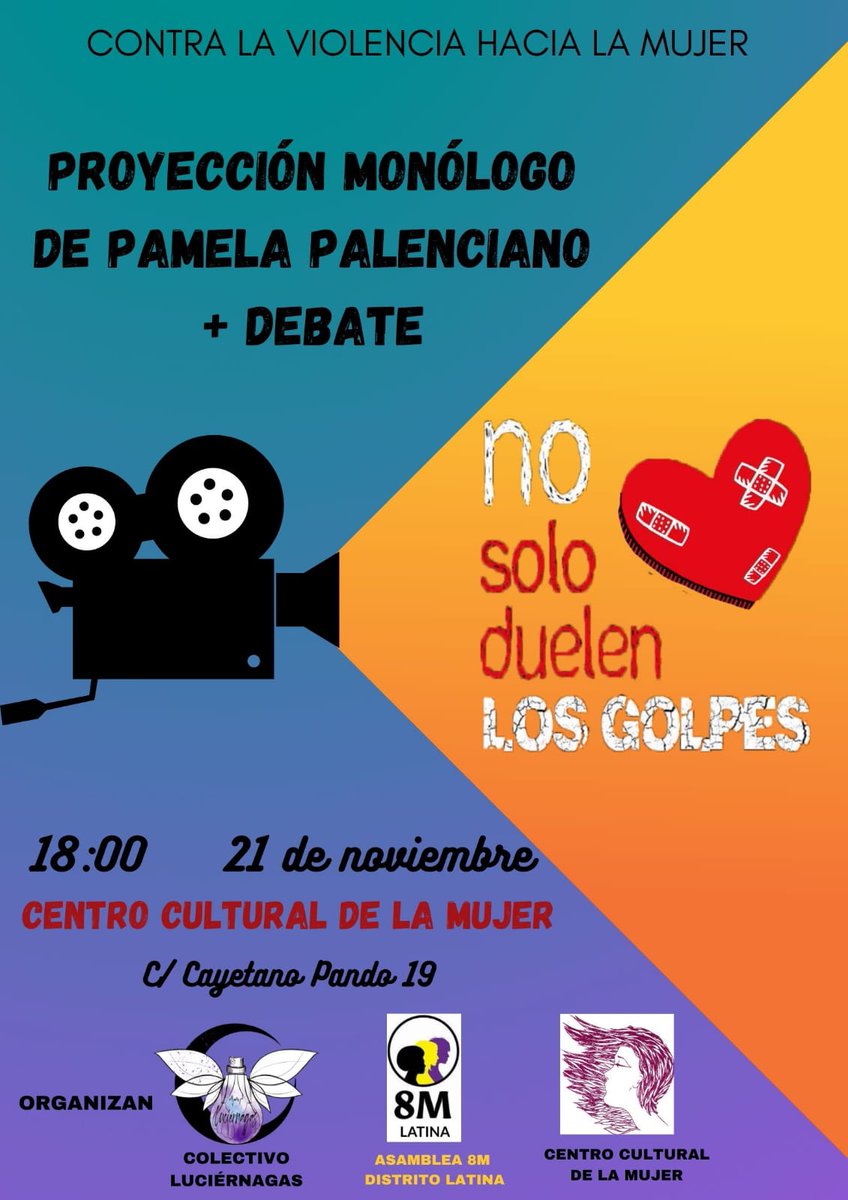 CONTRA LA VIOLENCIA A LA MUJER.💪💜
Proyección del monólogo No solo duelen los golpes.
📆 21 de Noviembre de 2021
🕕  18:00 Horas
📌 Centro Cultural de la Mujer: C/ Cayetano Pando,19. El aforo es limitado. 
#Feminismo 
#ViolenciaMachista
