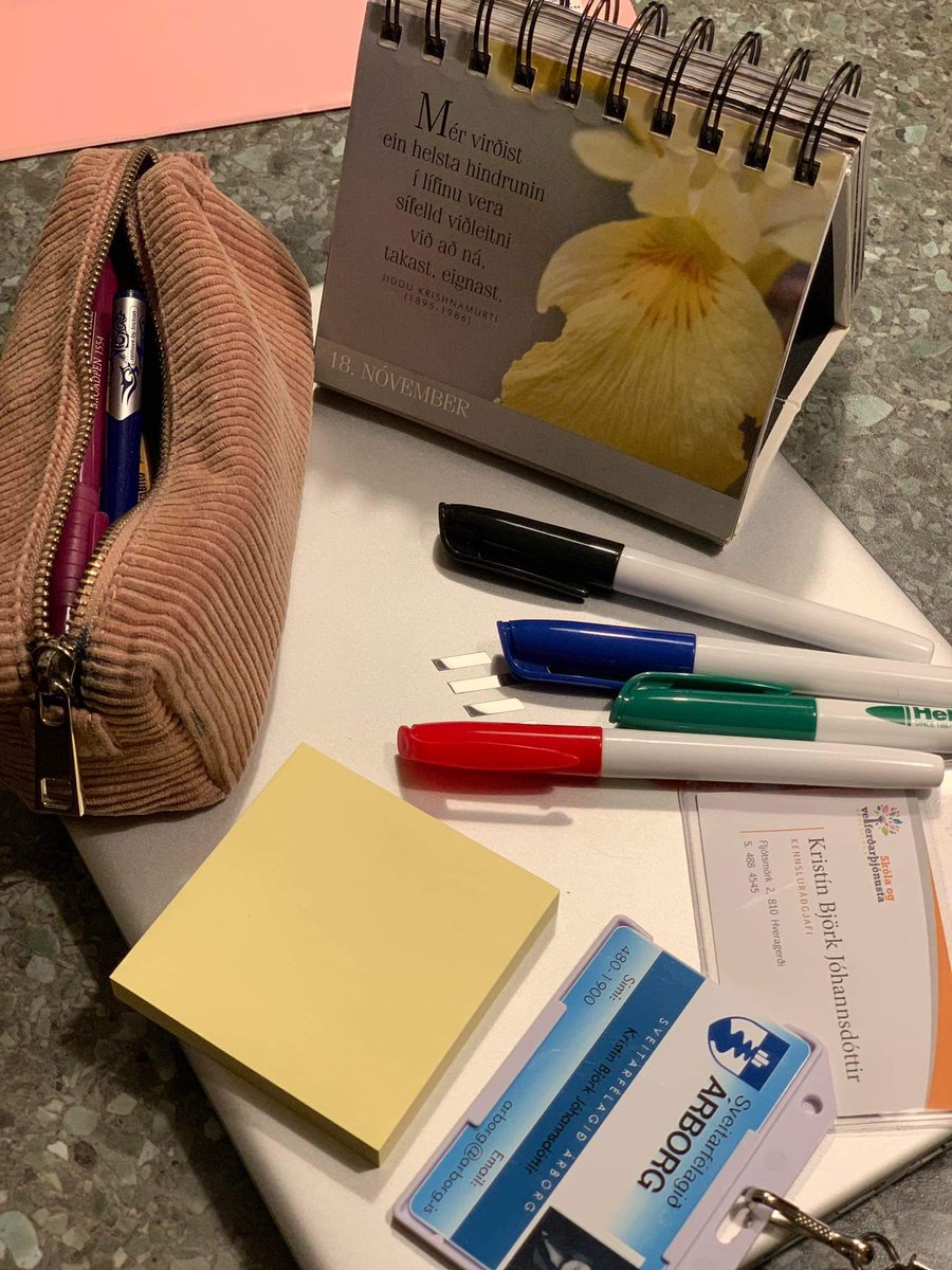 D4 í #12dagatwitter Tölvan💻 fylgir mér á milli skóla og hreppa. Aðgangskortið, pennaveskið, minnismiðar og litríkir pennar toppa daginn🖍Gott að 🔌 sig inn í daginn með speki dagsins💡