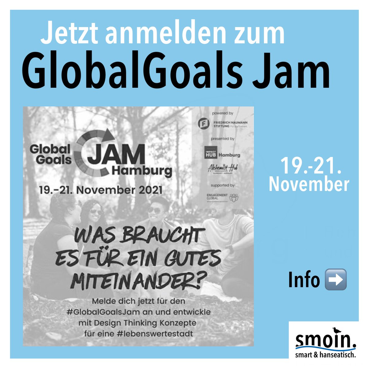 smoinhh's tweet photo. Wie können wir Hamburg als gesellschaftliches &amp; ökologisches System so gestalten, dass es für gegenwärtige &amp; zukünftige Generationen lebenswert ist? Darum gehts beim GlobalGoal Jam Hamburg vom 19. bis 21. November. Infos: https://t.co/w9aiMSEvzk

#twlz #twitterlehrerzimmer https://t.co/k4F8dIT2tY