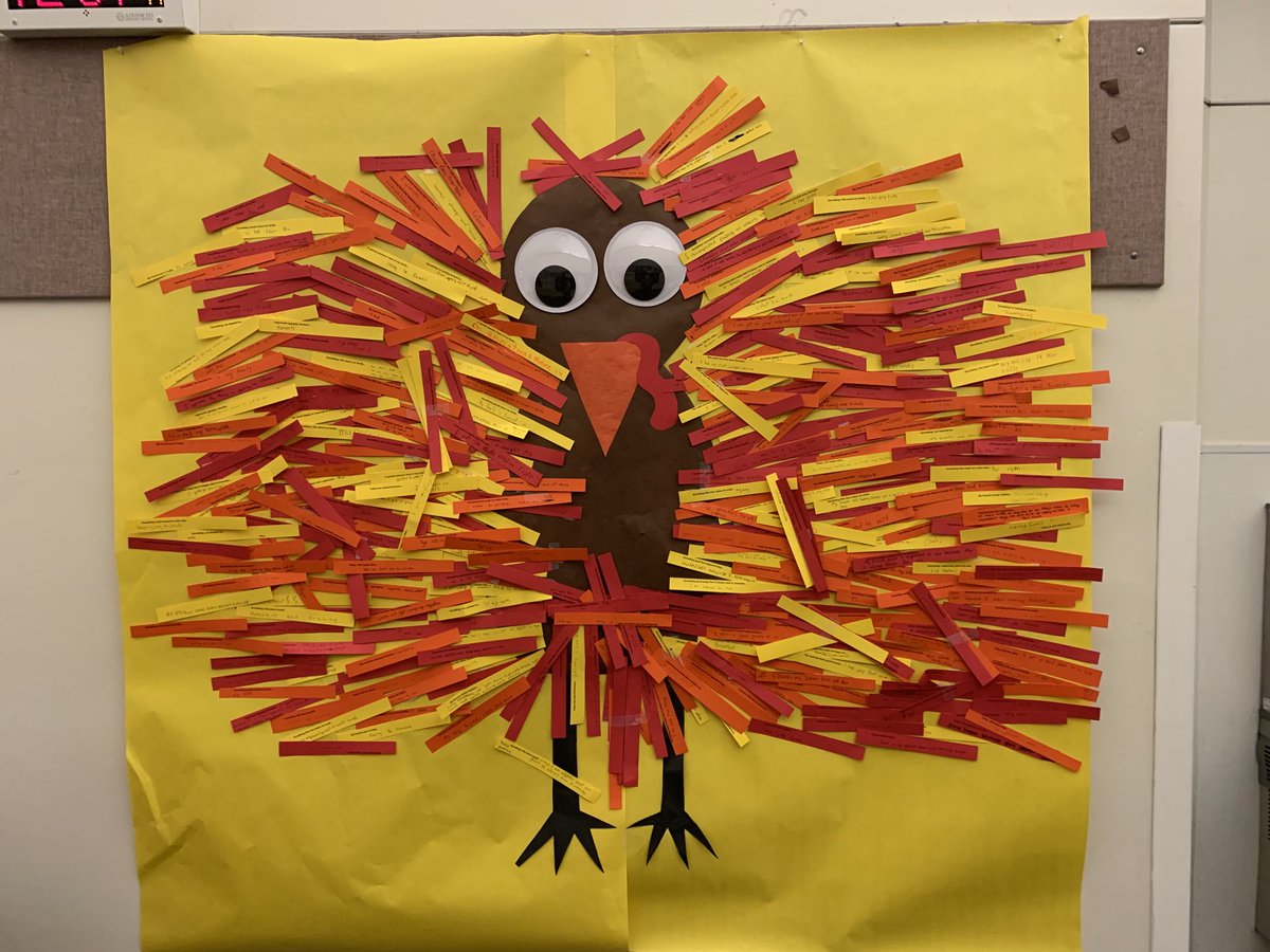 MichelleTrifun1's tweet photo. Gratitude Turkey day at Chief Kanim Middle School today. During lunch our students were able to write down what they are grateful for or happy about. Their postings became the feathers on our lovely bird! I’m really grateful for our students, staff and parent community! Go Hawks! https://t.co/VgluQGlNky