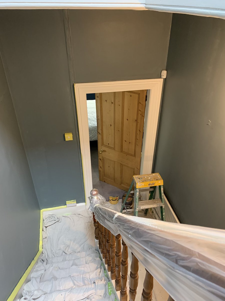 JGDecorator's tweet photo. I know F&B can leave many painters with a sense of dread but the #denimes colour complements the natural wood doors and off white trim. Discount the bright yellow tape ;) https://t.co/XgtIEUU69r