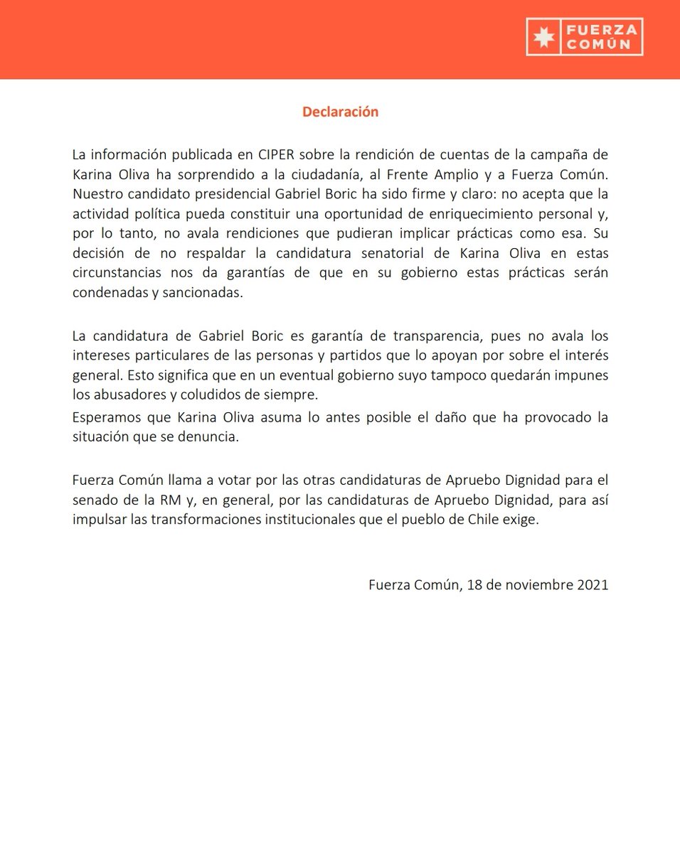 📢Declaración de Fuerza Común respecto a lo sucedido con Karina Oliva.

fuerzacomun.cl/declaracion-re…

#AprueboDignidad
#FrenteAmplio