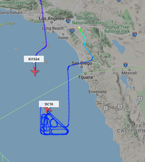 ameliairheart's tweet photo. .@OmegaTanker KDC-10 N974VV from March Air Reserve Base, CA tracking off the coast of Ensenada, MX, with an E-3C 80-0138 from NAS Fallon, NV coming to join her. #ADSB #AD9470 #AE11EB https://t.co/h0ejdUjYy7
