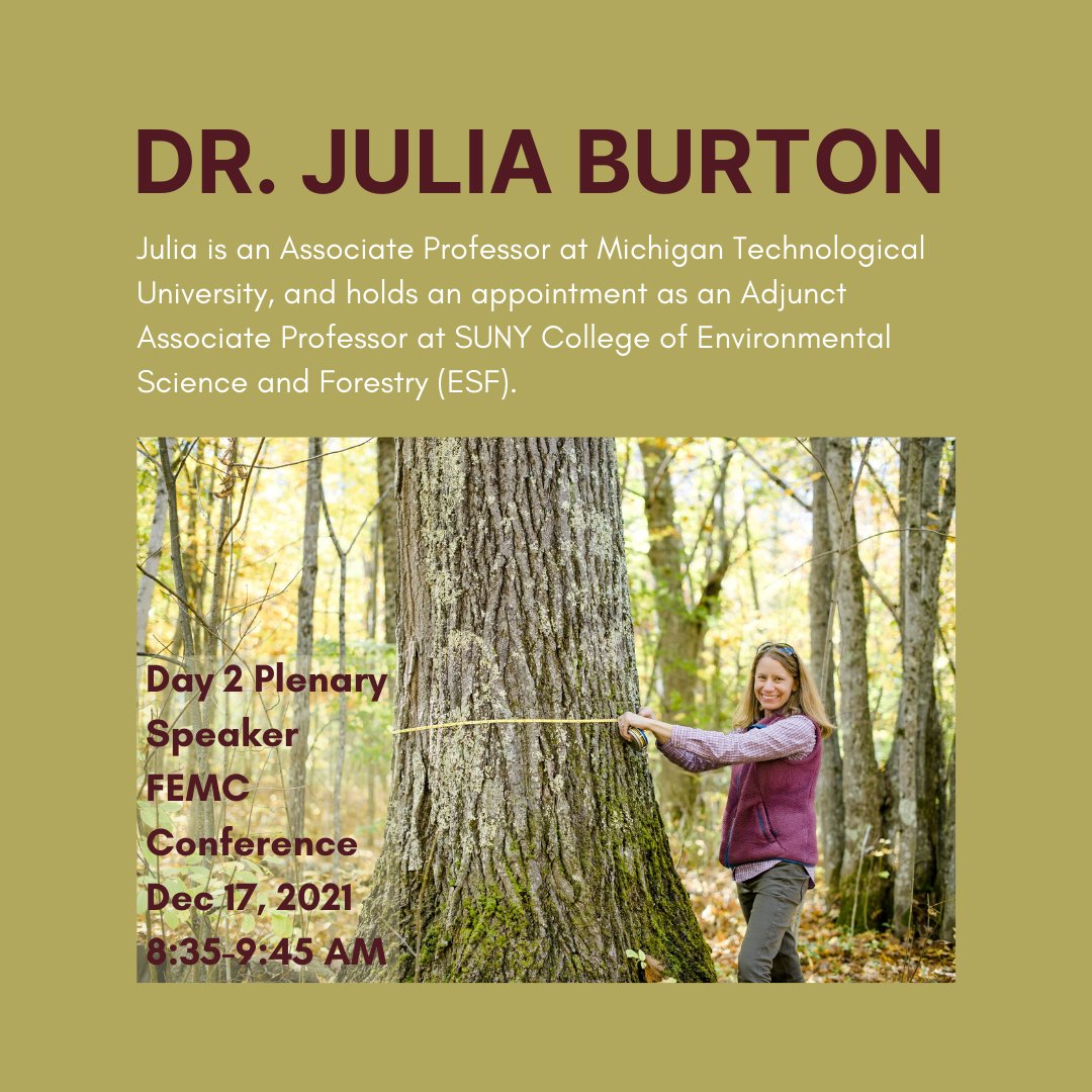 Meet our day 2 Plenary Speaker, Dr. Julia Burton! She will be giving a talk entitled: "Forest ecosystem change through the lens of plant functional traits: measurement, management and monitoring."

Register here! uvm.edu/femc/cooperati…

<a href="/sunyesf/">SUNY ESF</a>  <a href="/michigantech/">Michigan Tech</a>